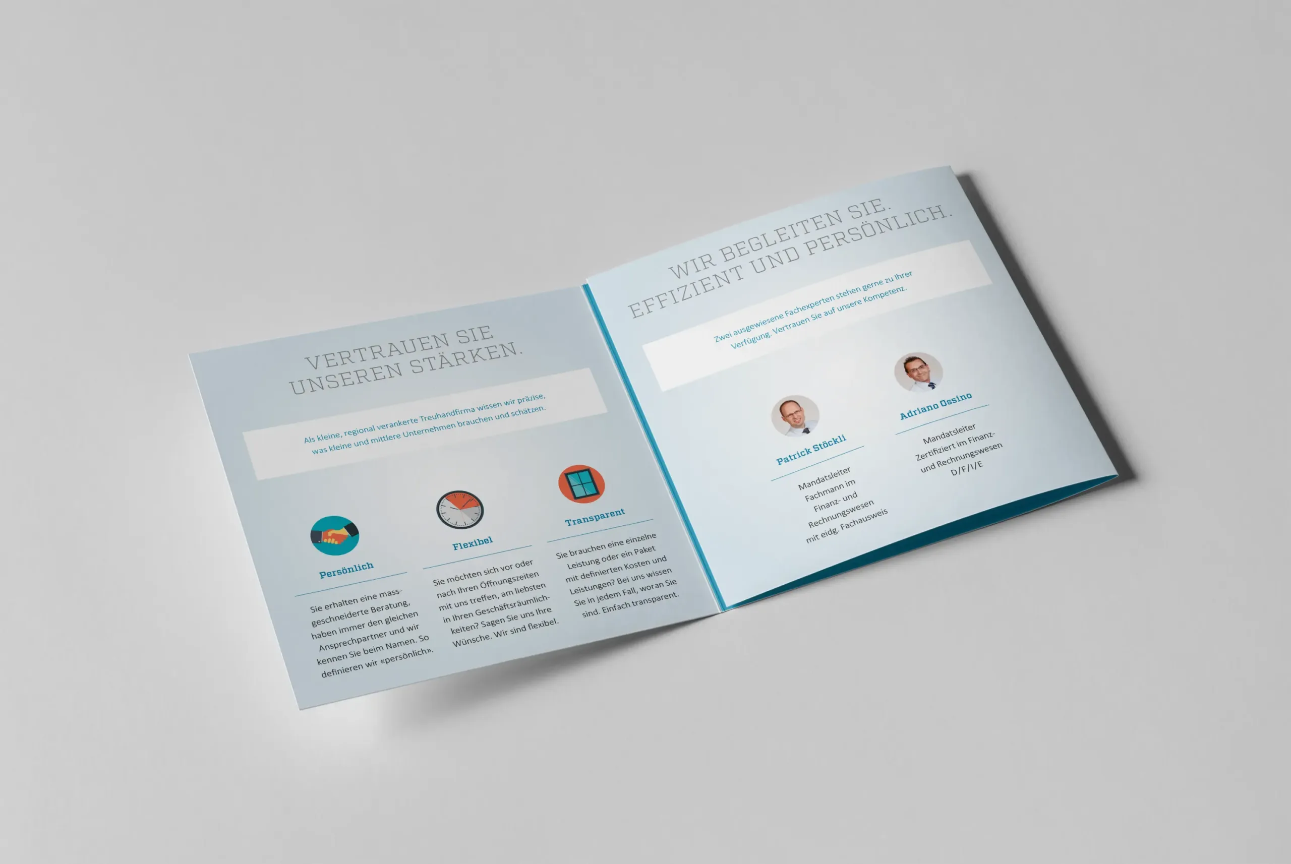 Aufgeklappter Flyer Inventura, Finanz- und Treuhand-Partner